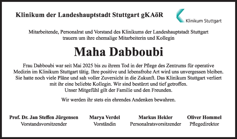  Traueranzeige für Maha Dabboubi vom 06.02.2026 aus Stuttgarter Zeitung / Stuttgarter Nachrichten