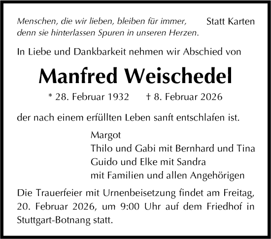Traueranzeige von Manfred Weischedel von Stuttgarter Zeitung / Stuttgarter Nachrichten