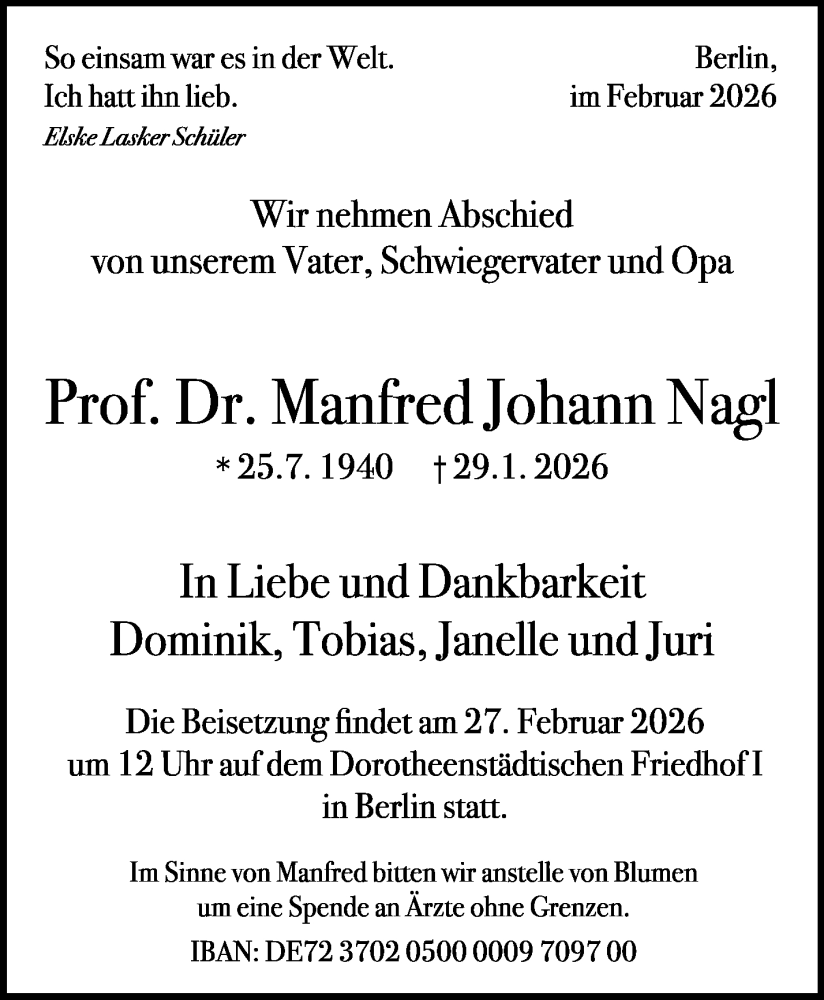  Traueranzeige für Manfred Johann Nagl vom 21.02.2026 aus Stuttgarter Zeitung / Stuttgarter Nachrichten