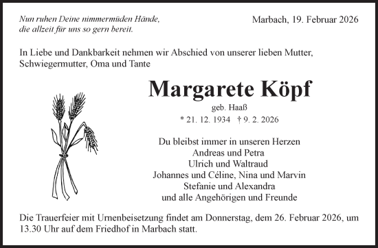 Traueranzeige von Margarete Köpf von Marbacher Zeitung