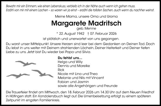 Traueranzeige von Margarete Madritsch von Leonberger Kreiszeitung / Strohgäu Extra