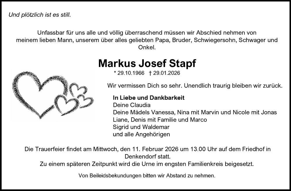  Traueranzeige für Markus Josef Stapf vom 05.02.2026 aus Eßlinger Zeitung
