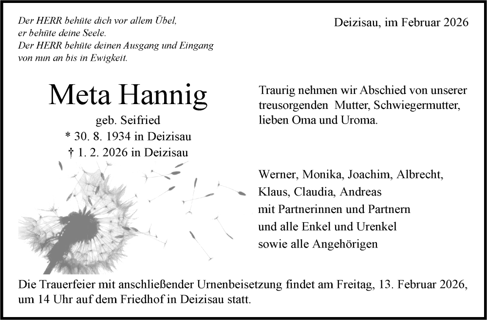  Traueranzeige für Meta Hannig vom 07.02.2026 aus Eßlinger Zeitung