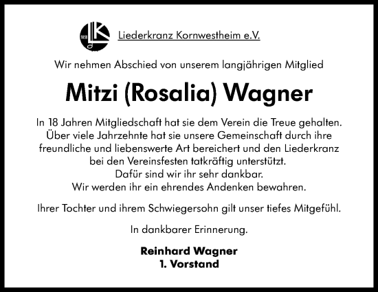 Traueranzeige von Mitzi (Rosalia) Wagner von Marbacher Zeitung