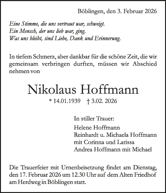 Traueranzeige von Nikolaus Hoffmann von Kreiszeitung Böblinger Bote