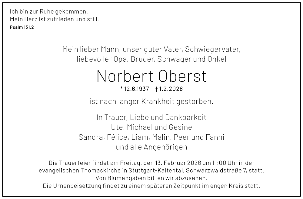  Traueranzeige für Norbert Oberst vom 07.02.2026 aus Stuttgarter Zeitung / Stuttgarter Nachrichten