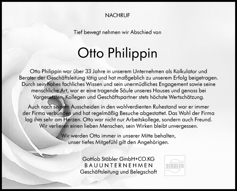  Traueranzeige für Otto Philippin vom 07.02.2026 aus Leonberger Kreiszeitung / Strohgäu Extra