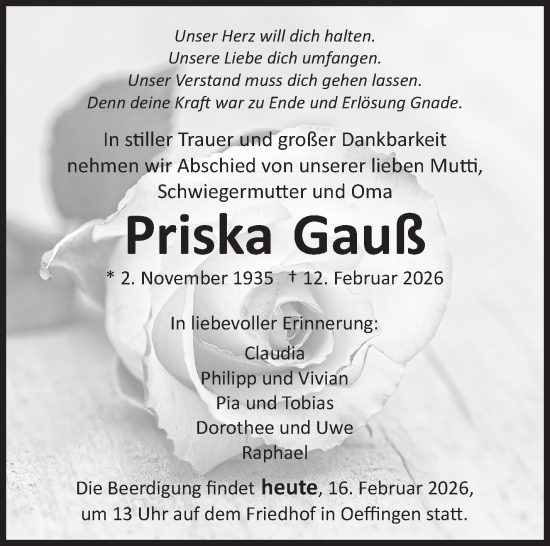 Traueranzeige von Priska Gauß von Stuttgarter Zeitung / Stuttgarter Nachrichten