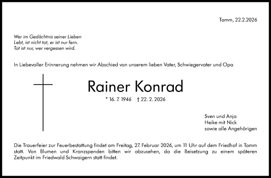 Traueranzeige von Rainer Konrad von Marbacher Zeitung
