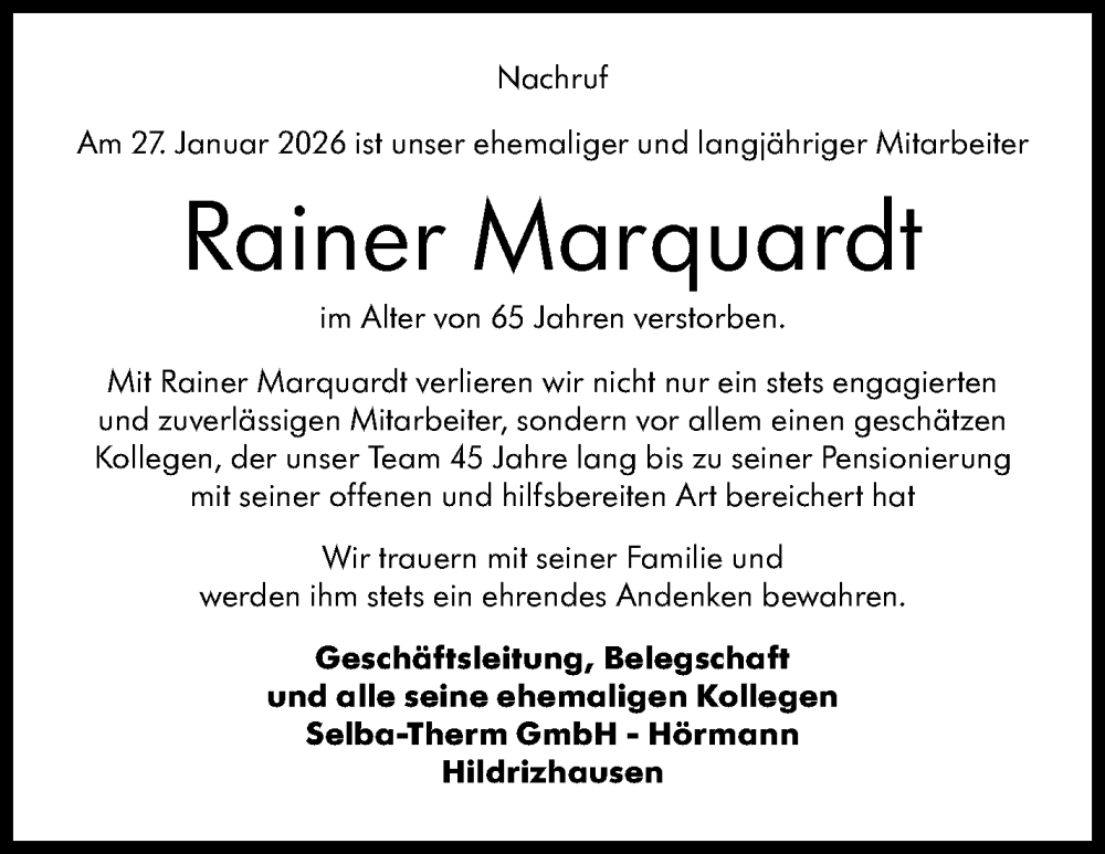  Traueranzeige für Rainer Marquardt vom 04.02.2026 aus Kreiszeitung Böblinger Bote