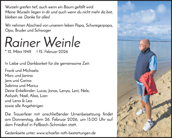 Traueranzeige von Rainer Weinle von Stuttgarter Zeitung / Stuttgarter Nachrichten