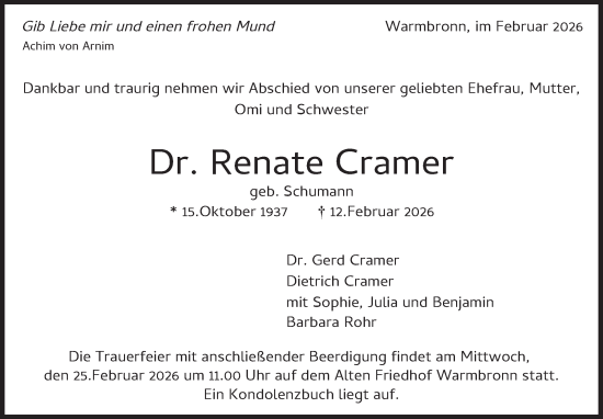Traueranzeige von Renate Cramer von Leonberger Kreiszeitung / Strohgäu Extra