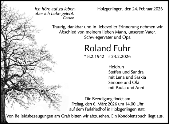 Traueranzeige von Roland Fuhr von Kreiszeitung Böblinger Bote