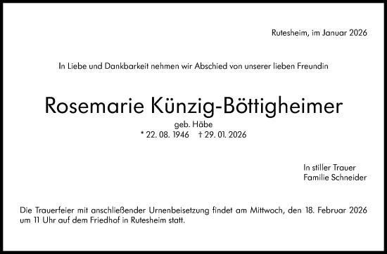 Traueranzeige von Rosemarie Künzig-Böttigheimer von Leonberger Kreiszeitung / Strohgäu Extra