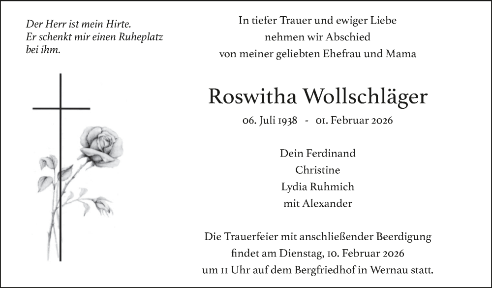  Traueranzeige für Roswitha Wollschläger vom 07.02.2026 aus Eßlinger Zeitung