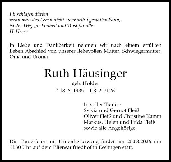 Traueranzeige von Ruth Häusinger von Eßlinger Zeitung