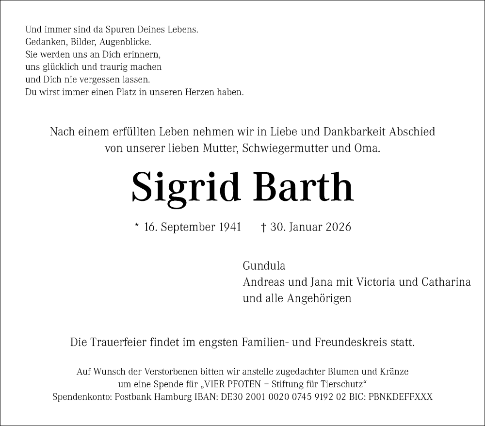  Traueranzeige für Sigrid Barth vom 07.02.2026 aus Stuttgarter Zeitung / Stuttgarter Nachrichten