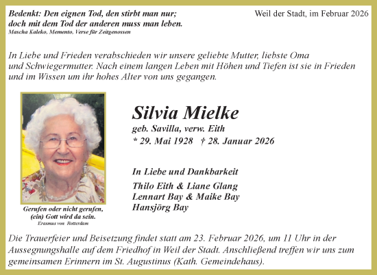 Traueranzeige von Silvia Mielke von Leonberger Kreiszeitung / Strohgäu Extra
