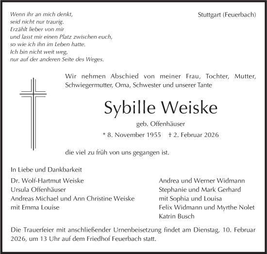 Traueranzeige von Sybille Weiske von Stuttgarter Zeitung / Stuttgarter Nachrichten