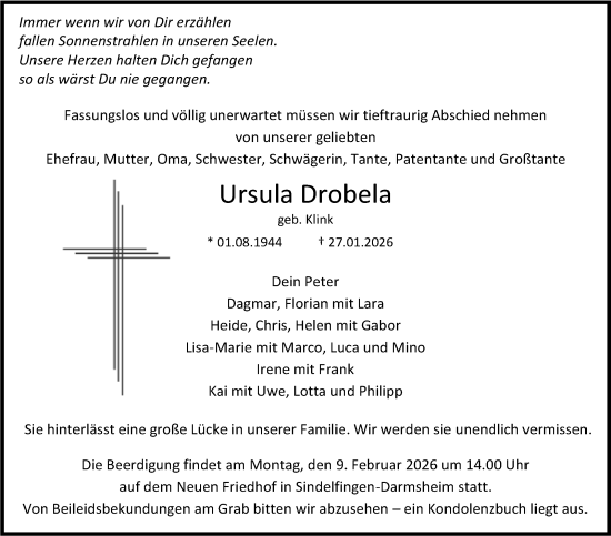 Traueranzeige von Ursula Drobela von Kreiszeitung Böblinger Bote