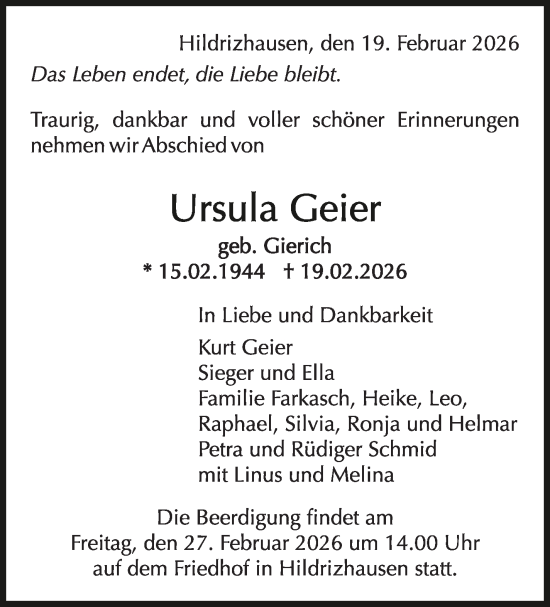 Traueranzeige von Ursula Geier von Kreiszeitung Böblinger Bote