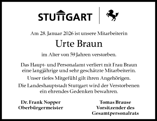 Traueranzeige von Urte Braun von Stuttgarter Zeitung / Stuttgarter Nachrichten