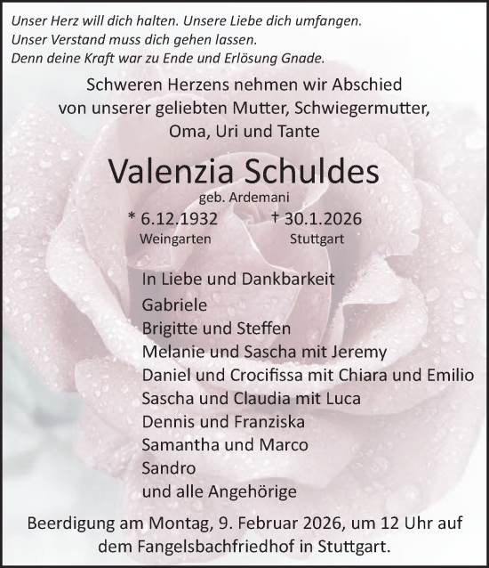 Traueranzeige von Valenzia Schuldes von Stuttgarter Zeitung / Stuttgarter Nachrichten