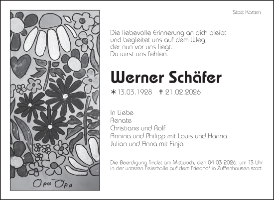 Traueranzeige von Werner Schäfer von Stuttgarter Zeitung / Stuttgarter Nachrichten