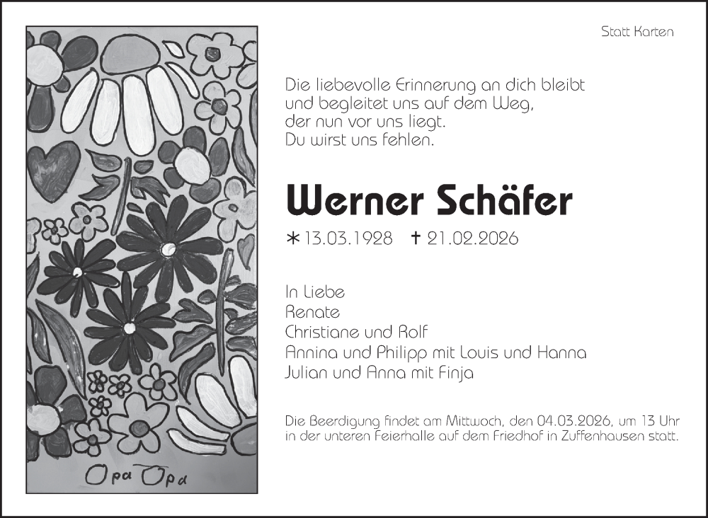  Traueranzeige für Werner Schäfer vom 26.02.2026 aus Stuttgarter Zeitung / Stuttgarter Nachrichten