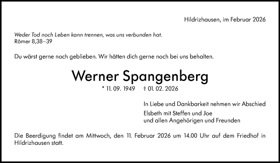Traueranzeige von Werner Spangenberg von Kreiszeitung Böblinger Bote
