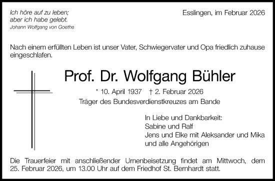 Traueranzeige von Wolfgang Bühler von Eßlinger Zeitung