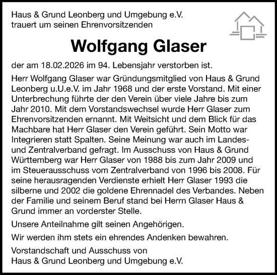 Traueranzeige von Wolfgang Glaser von Leonberger Kreiszeitung / Strohgäu Extra