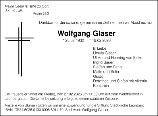 Traueranzeige von Wolfgang Glaser von Leonberger Kreiszeitung / Strohgäu Extra