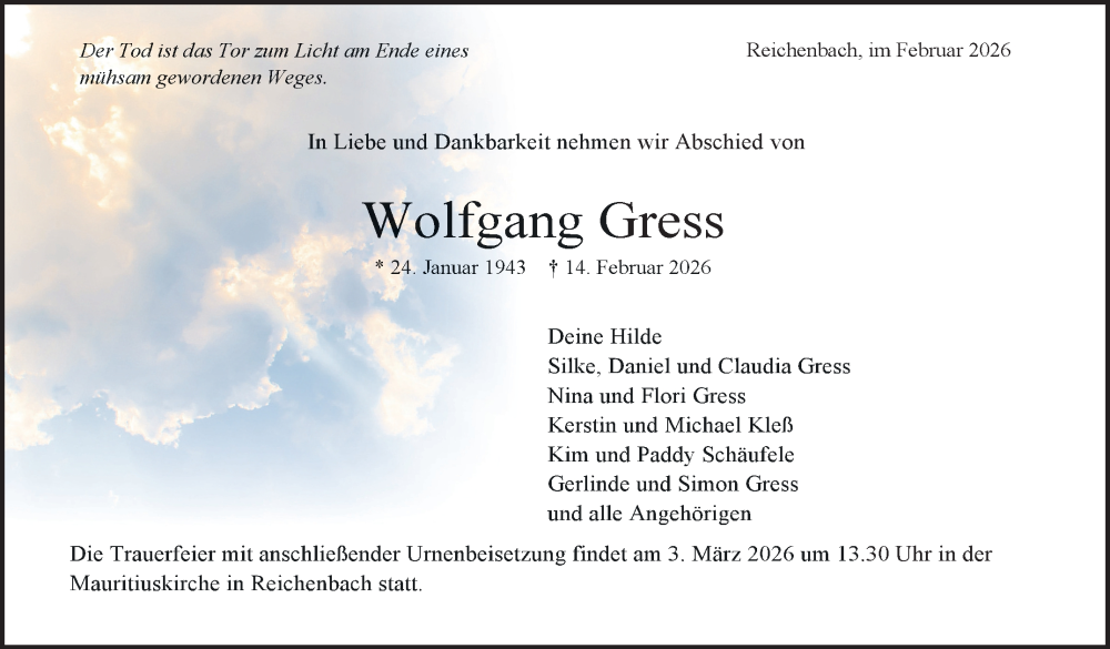  Traueranzeige für Wolfgang Gress vom 21.02.2026 aus Eßlinger Zeitung