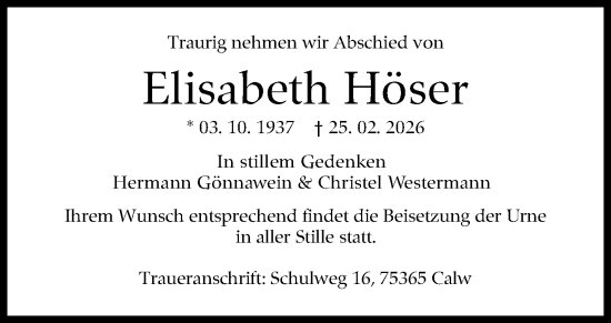 Traueranzeige von Elisabeth Höser von Stuttgarter Zeitung / Stuttgarter Nachrichten