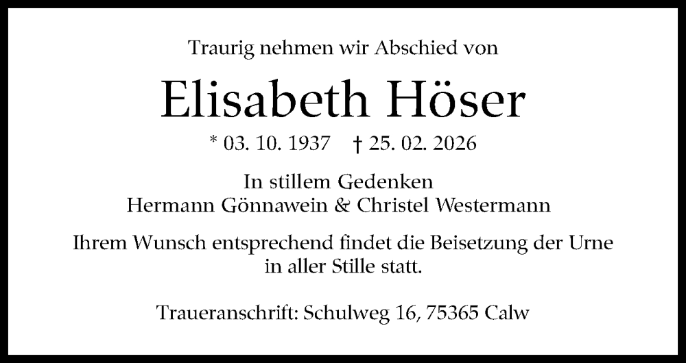  Traueranzeige für Elisabeth Höser vom 02.03.2026 aus Stuttgarter Zeitung / Stuttgarter Nachrichten