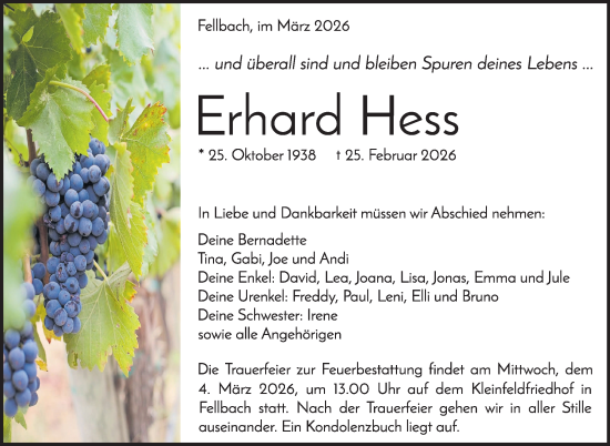 Traueranzeige von Erhard Hess von Stuttgarter Zeitung / Stuttgarter Nachrichten