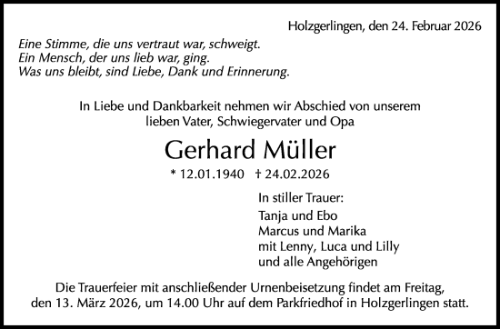 Traueranzeige von Gerhard Müller von Kreiszeitung Böblinger Bote
