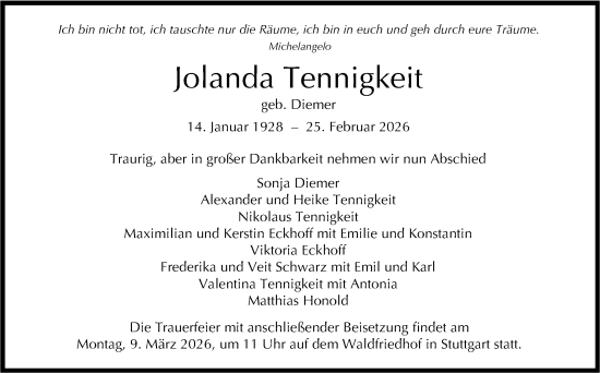 Traueranzeige von Jolanda Tennigkeit von Stuttgarter Zeitung / Stuttgarter Nachrichten