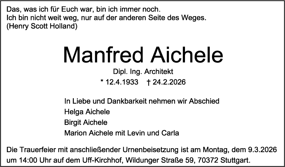 Traueranzeige für Manfred Aichele vom 02.03.2026 aus Stuttgarter Zeitung / Stuttgarter Nachrichten