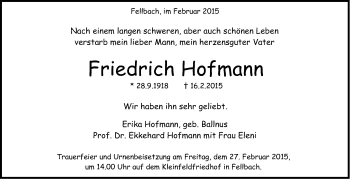 Traueranzeige von Friedrich Hofmann von Stuttgarter Zeitung / Stuttgarter Nachrichten