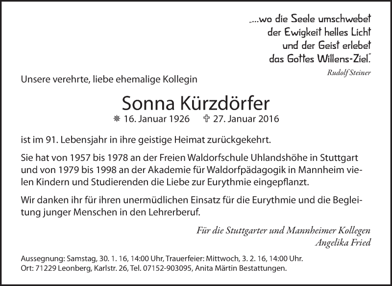 Traueranzeige für Sonna Kürzdörfer vom 02.01.2016 aus Stuttgarter Zeitung / Stuttgarter Nachrichten