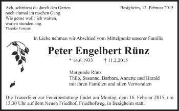 Traueranzeige von Peter Engelbert Rünz von Stuttgarter Zeitung / Stuttgarter Nachrichten