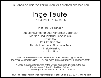 Traueranzeige von Inge Teufel von Stuttgarter Zeitung / Stuttgarter Nachrichten
