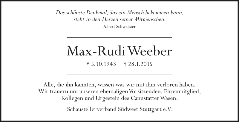  Traueranzeige für Max-Rudi Weeber vom 31.01.2015 aus Stuttgarter Zeitung / Stuttgarter Nachrichten