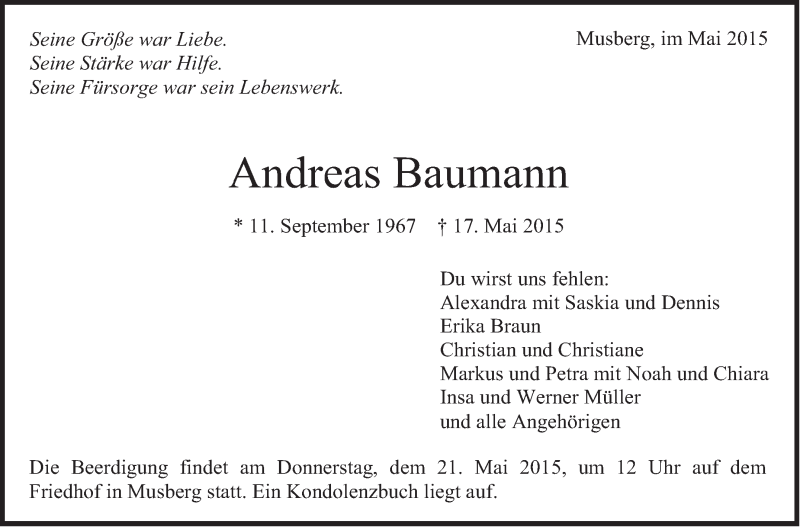  Traueranzeige für Andreas Baumann vom 19.05.2015 aus Stuttgarter Zeitung / Stuttgarter Nachrichten