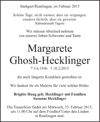 Traueranzeige von Margarete Ghosh-Hecklinger von Stuttgarter Zeitung / Stuttgarter Nachrichten