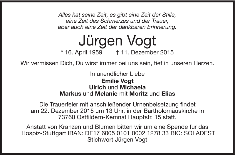  Traueranzeige für Jürgen Vogt vom 18.12.2015 aus Stuttgarter Zeitung / Stuttgarter Nachrichten