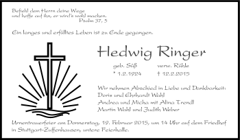 Traueranzeige von Hedwig Ringer von Stuttgarter Zeitung / Stuttgarter Nachrichten