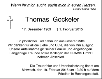 Traueranzeige von Thomas Gockeler von Stuttgarter Zeitung / Stuttgarter Nachrichten